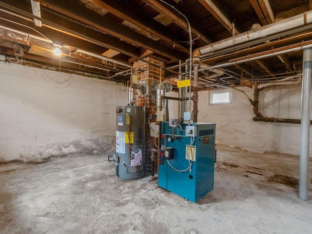 basement with gas water heater and a heating unit