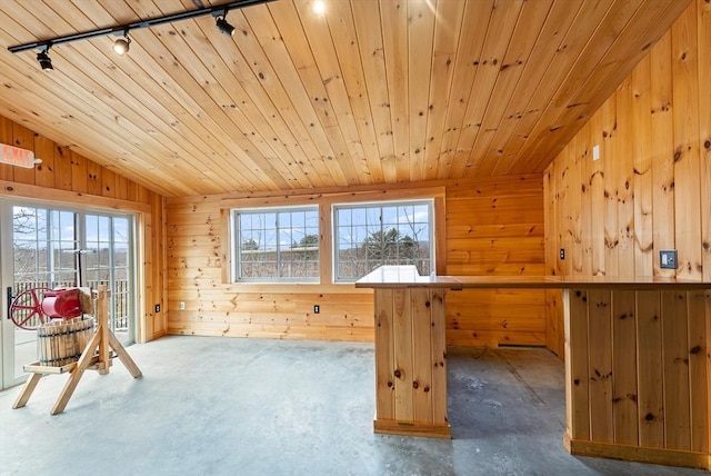 additional living space with wood ceiling, lofted ceiling, and wooden walls