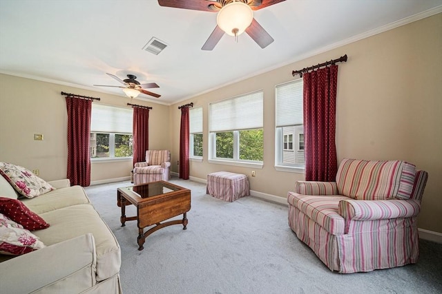 37 Hastings St Unit 207, Boston, MA 02132 - living area with a ceiling fan, crown molding, and light carpet
