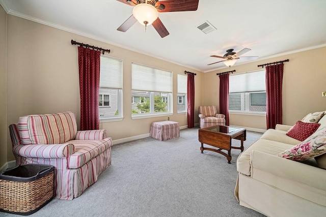 37 Hastings St Unit 207, Boston, MA 02132 - living area with a ceiling fan, ornamental molding, healthy amount of natural light, and carpet flooring