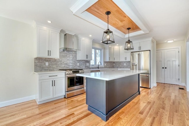 kitchen with wall chimney range hood, light wood-type flooring, a tray ceiling, light countertops, and appliances with stainless steel finishes
