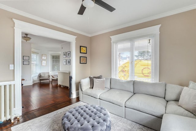 living room featuring ceiling fan, dark hardwood / wood-style floors, and ornamental molding