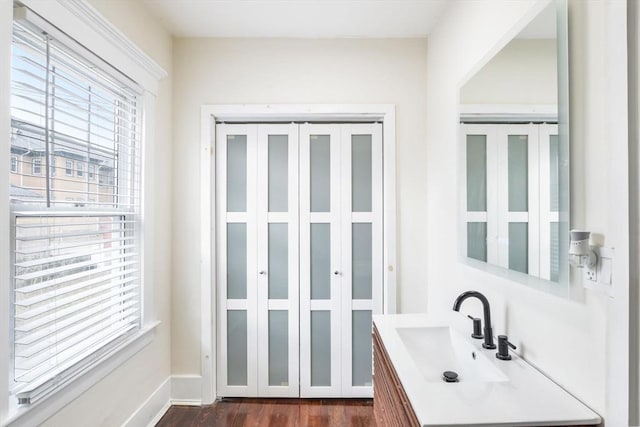 bathroom with wood-type flooring and vanity