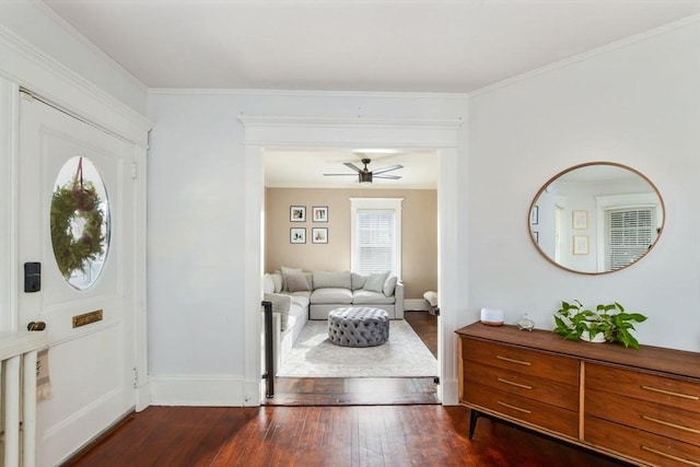 foyer entrance featuring ceiling fan, dark hardwood / wood-style flooring, and ornamental molding