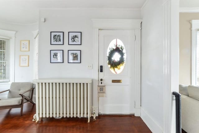 foyer with radiator and dark hardwood / wood-style floors