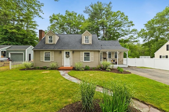 45 S Elm St, West Bridgewater, MA 02379 - cape cod-style house featuring a porch, a chimney, asphalt driveway, a garage, and roof with shingles