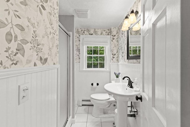 45 S Elm St, West Bridgewater, MA 02379 - full bath featuring wainscoting, wallpapered walls, a baseboard radiator, a stall shower, and tile patterned floors