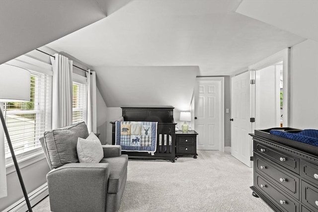45 S Elm St, West Bridgewater, MA 02379 - bedroom with a baseboard radiator, light colored carpet, and lofted ceiling