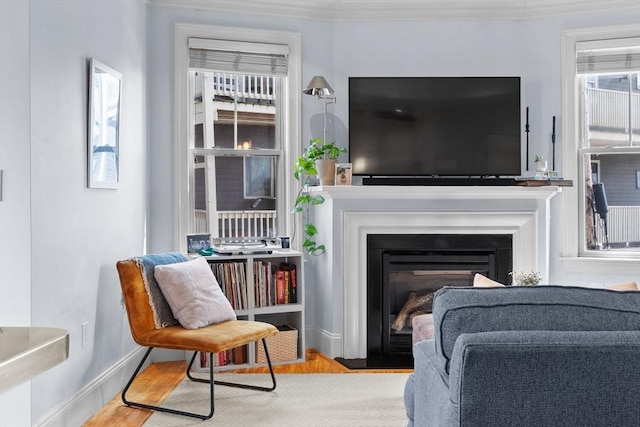 living room with a fireplace, ornamental molding, baseboards, and wood finished floors