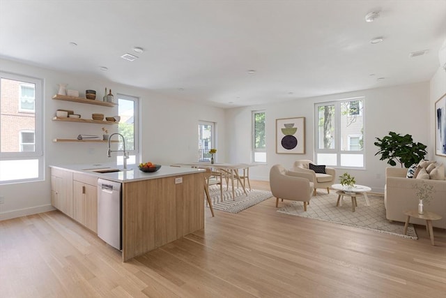 213 Harvard Unit 4, Cambridge, MA 02139 - kitchen with dishwasher, light wood-style flooring, plenty of natural light, and open floor plan
