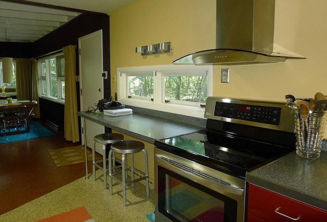 kitchen with island exhaust hood, a wealth of natural light, and stainless steel electric range