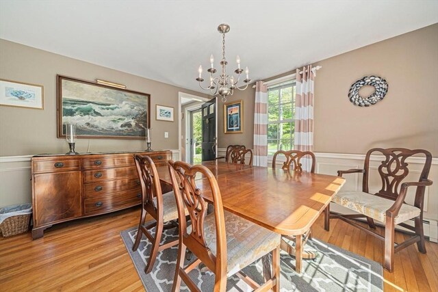 771 Ferry St, Marshfield, MA 02050 - dining space with a chandelier, light wood finished floors, and a wainscoted wall