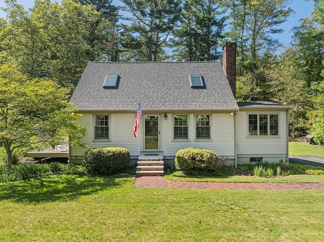 771 Ferry St, Marshfield, MA 02050 - cape cod house featuring entry steps, a front lawn, a chimney, and roof with shingles