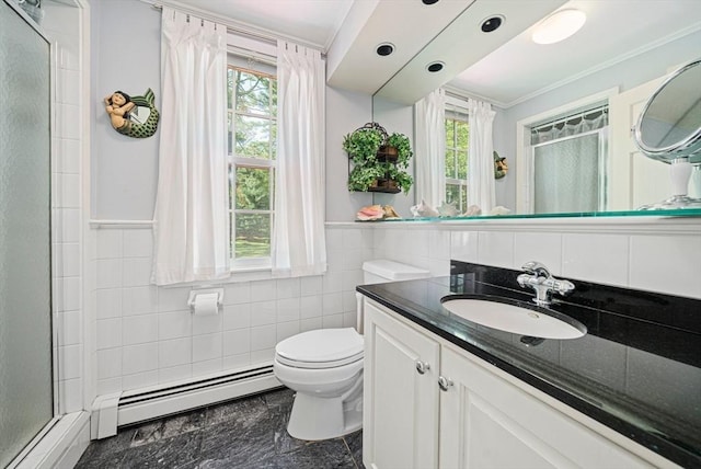 771 Ferry St, Marshfield, MA 02050 - full bathroom featuring a baseboard radiator, ornamental molding, a stall shower, tile walls, and vanity