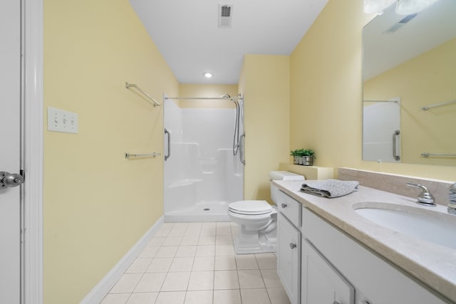 bathroom with tile patterned flooring, a shower, vanity, and toilet