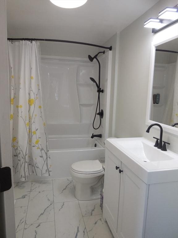 full bathroom with toilet, shower / bath combination with curtain, and vanity