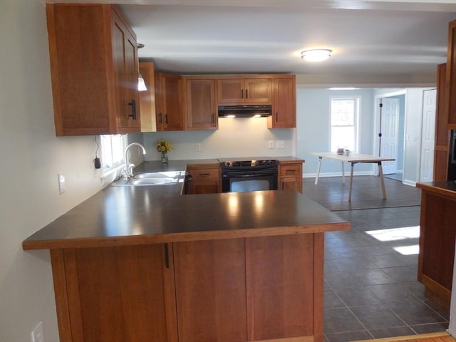 kitchen featuring sink, kitchen peninsula, and electric range oven