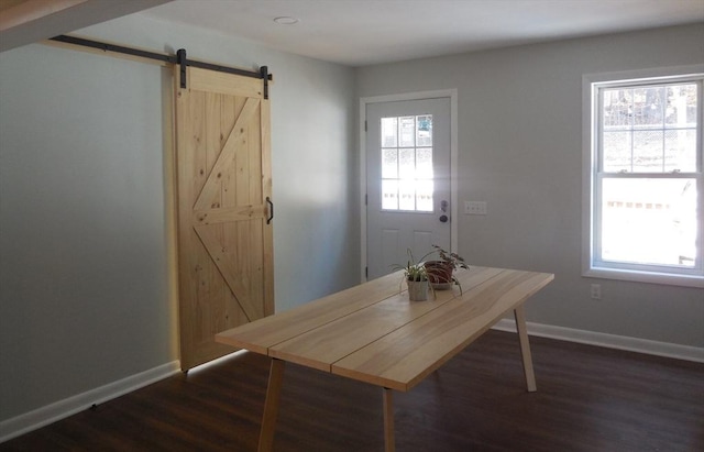 dining area featuring a wealth of natural light, a barn door, and dark hardwood / wood-style floors