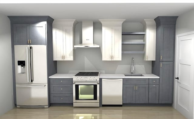 kitchen featuring gray cabinets, sink, stainless steel appliances, and wall chimney range hood