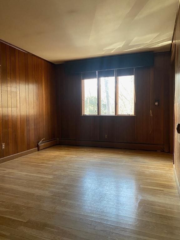 empty room with baseboards, wooden walls, and light wood finished floors