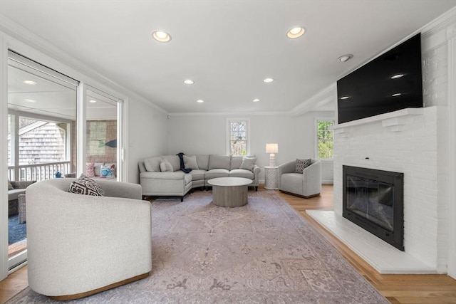 living area featuring crown molding, recessed lighting, light wood finished floors, and a fireplace