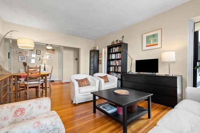 living room featuring hardwood / wood-style flooring and a textured ceiling