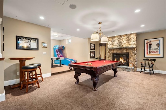 game room with billiards, baseboards, a stone fireplace, carpet floors, and recessed lighting