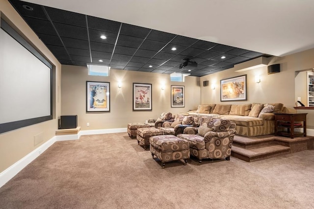 home theater featuring recessed lighting, carpet flooring, and baseboards