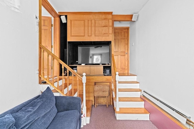 67 Greenfield Ln, Scituate, MA 02066 - stairs with baseboard heating and carpet floors
