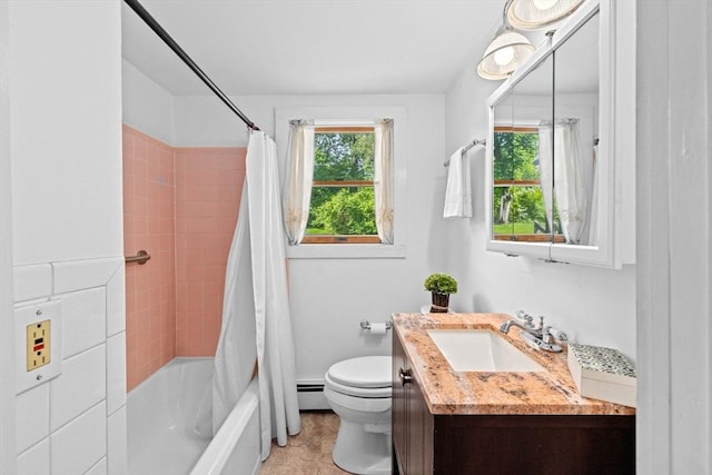 67 Greenfield Ln, Scituate, MA 02066 - full bathroom featuring vanity, a baseboard heating unit, shower / bath combo, and toilet