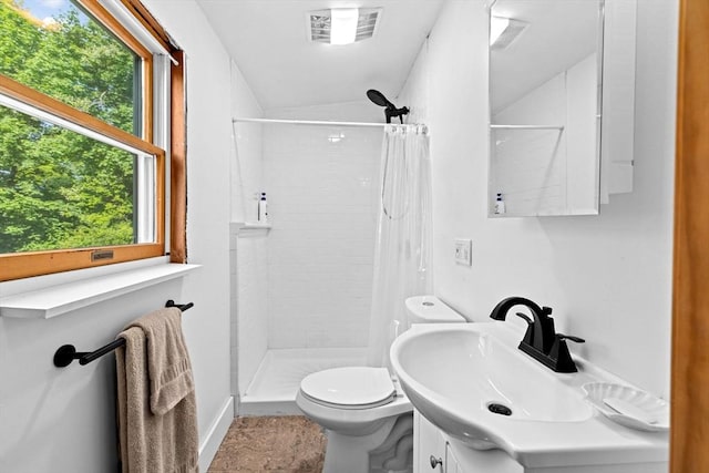 67 Greenfield Ln, Scituate, MA 02066 - bathroom featuring toilet, healthy amount of natural light, vanity, a stall shower, and lofted ceiling