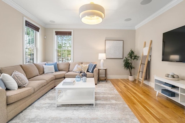 living area with baseboards, light wood-style floors, and crown molding