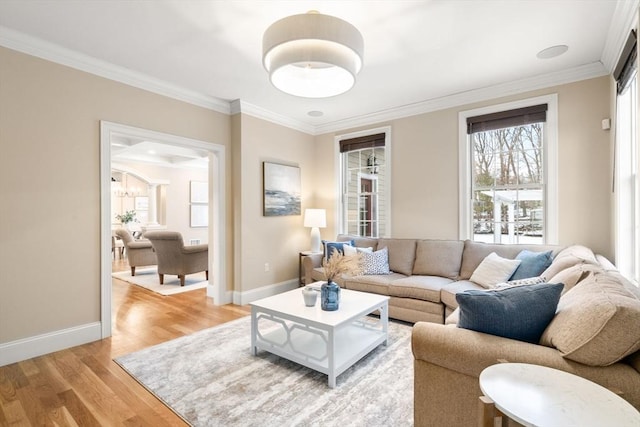 living area featuring light wood finished floors, baseboards, crown molding, and an inviting chandelier