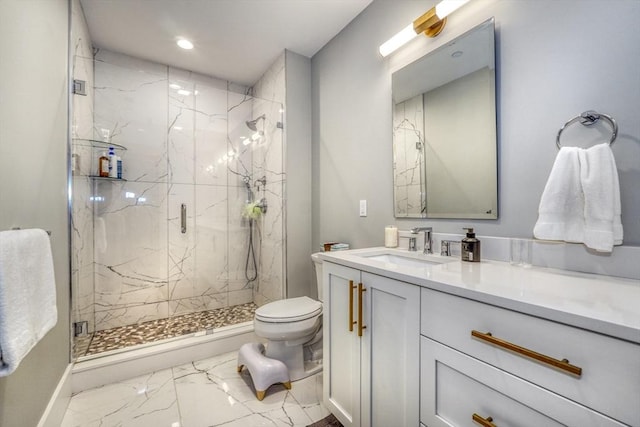 11 Conway St Unit 3, Boston, MA 02131 - full bath featuring marble look tile flooring, a marble finish shower, toilet, vanity, and recessed lighting