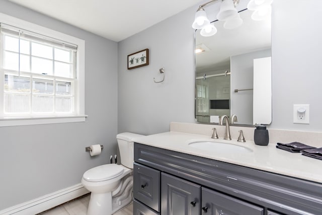 bathroom with a baseboard heating unit, walk in shower, toilet, and vanity