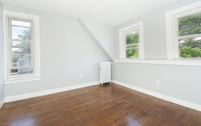 additional living space featuring radiator heating unit, plenty of natural light, and dark wood-type flooring