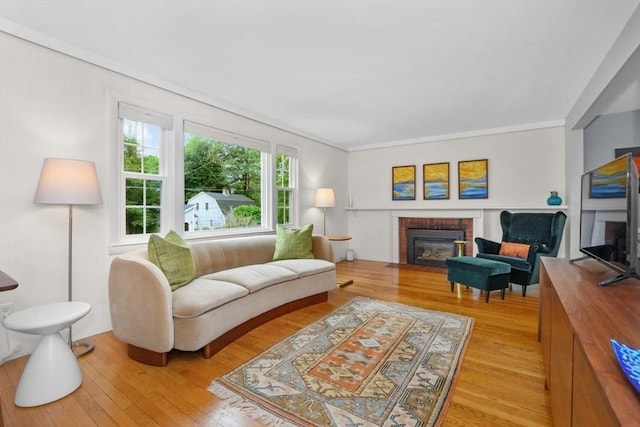 6 Cherry Ridge Rd, Acton, MA 01720 - living room featuring a brick fireplace, light wood-style flooring, and ornamental molding