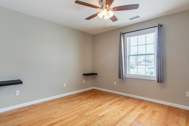 spare room featuring ceiling fan and light hardwood / wood-style flooring