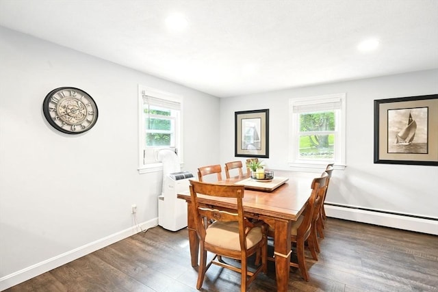 77 Marblehead St, North Reading, MA 01864 - dining space featuring baseboard heating, dark wood-style floors, recessed lighting, and baseboards