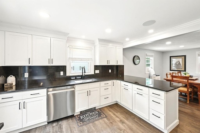 77 Marblehead St, North Reading, MA 01864 - kitchen featuring dishwasher, a sink, a peninsula, white cabinets, and recessed lighting