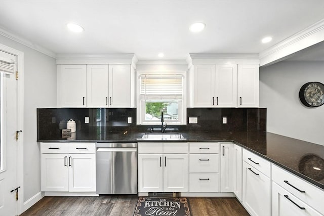 77 Marblehead St, North Reading, MA 01864 - kitchen featuring stainless steel dishwasher, a sink, dark wood finished floors, backsplash, and crown molding