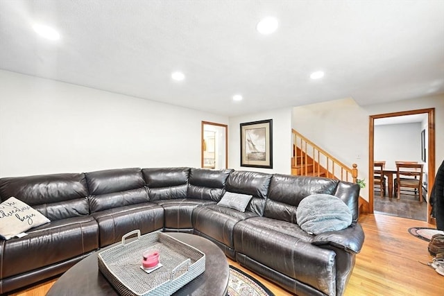 77 Marblehead St, North Reading, MA 01864 - living room featuring recessed lighting, wood finished floors, and stairs