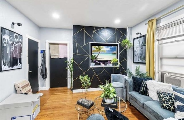 629 Cambridge St, Worcester, MA 01610 - living area with light wood-type flooring, cooling unit, and recessed lighting