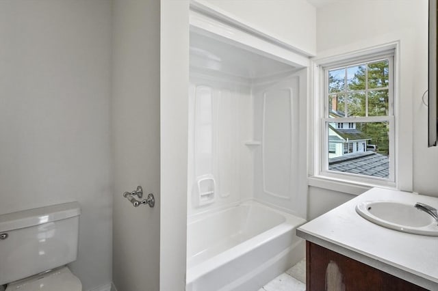 full bathroom featuring shower / tub combination, vanity, and toilet