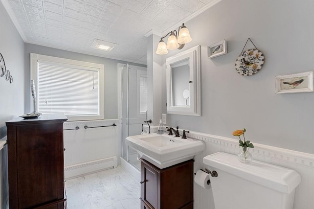full bath featuring a baseboard heating unit, marble look tile flooring, a stall shower, wainscoting, and toilet