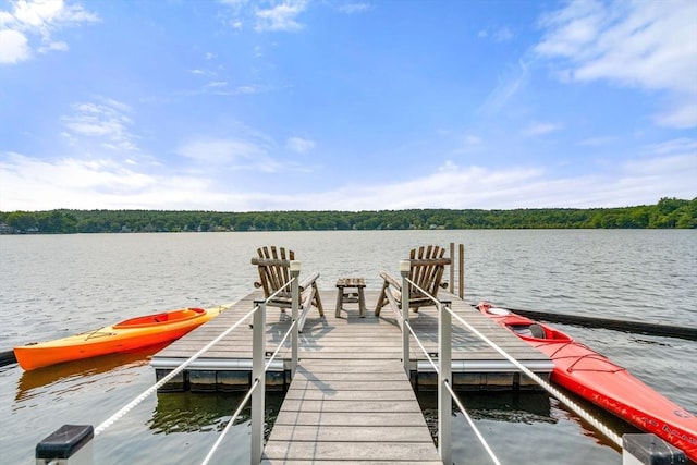 dock area with a view of trees and a water view