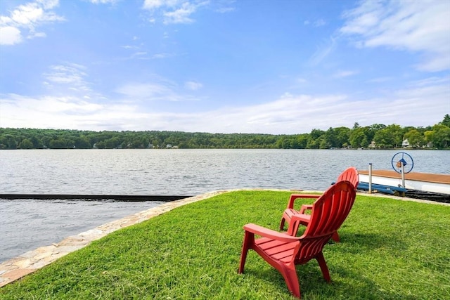 water view featuring a forest