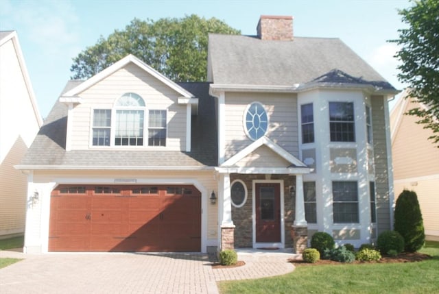 11 Rockingham Dr Unit 11, Tewksbury, MA 01876 - view of front of property with a garage, driveway, a chimney, and roof with shingles