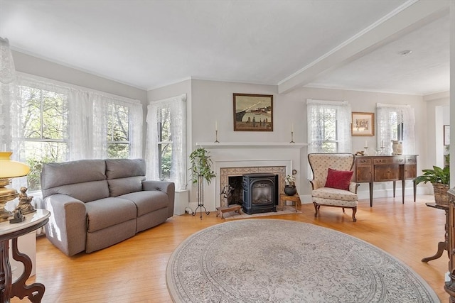 living area featuring crown molding and light wood-type flooring