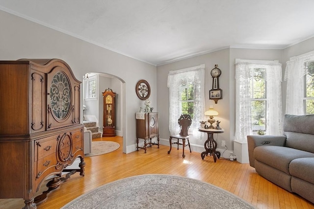 living area with crown molding, arched walkways, light wood-type flooring, and baseboards